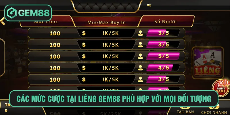 Các mức cược tại liêng gem88 phù hợp với mọi đối tượng