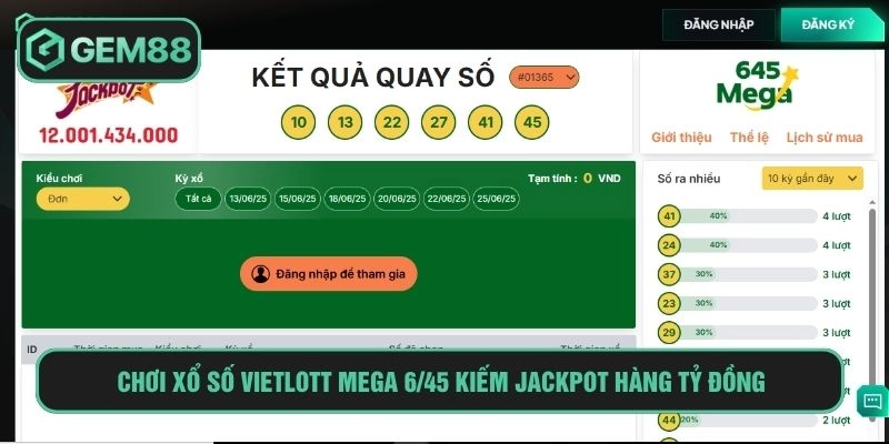 Xổ Số Vietlott GEM88 - Chơi Nhanh Trúng Lớn Từ 10.000 Đồng Mega 6/45 là sản phẩm Vietlott đời đầu rất phổ biến tại Việt Nam